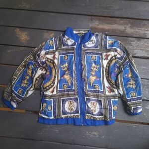 Vintage 80's Adolfo Sport Blue and Gold Satin Track Jacket Women's Size Small